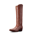 Brown leather cowboy boot with decorative stitching and a pointed toe, standing upright.