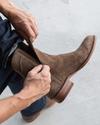 close up of Roy Granite Grey Suede cowboy boots on a man's feet 