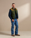 Full view of Men's Western Canvas Puffer Vest - Dark Green/Khaki on model