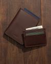 Passport case and wallet on wood table