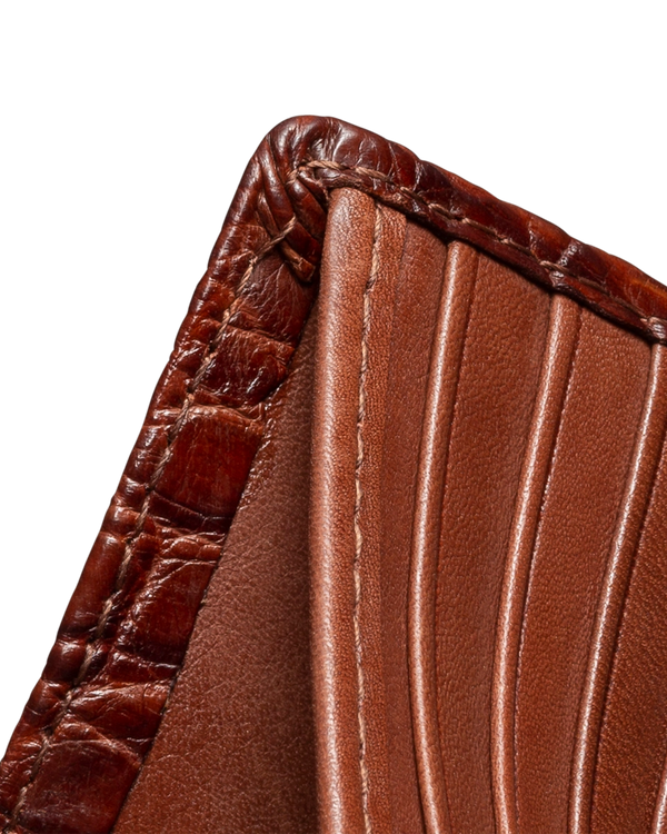 Closeup view of Alligator Billfold - Walnut