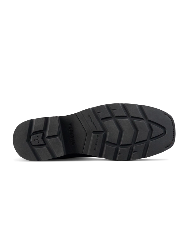 LongHaul Waterproof Square Composite Toe Work Boot in Tobacco / Black Cowhide. Black rubber shoe sole with geometric tread pattern, featuring the Under Armour logo and molded text on the heel and arch areas, designed to pair perfectly with Tobacco / Black Cowhide uppers.