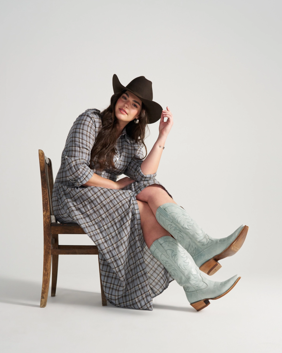 Full view of The Annie Wide Calf - Slate Cowhide on model