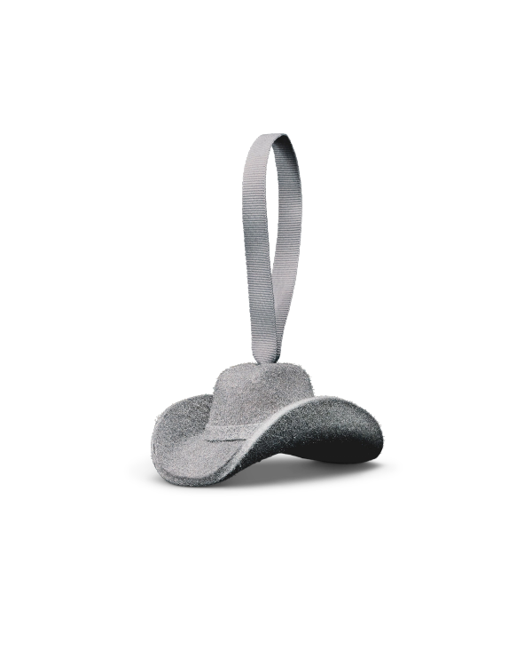 Quarterfront view of Cattleman Hat Ornament - Silver on plain background