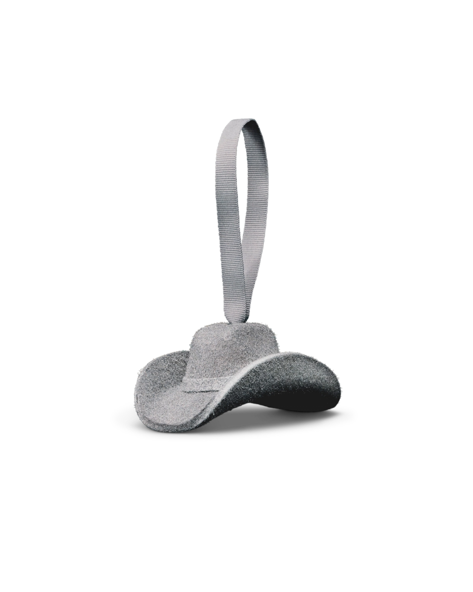 Quarterfront view of Cattleman Hat Ornament - Silver on plain background