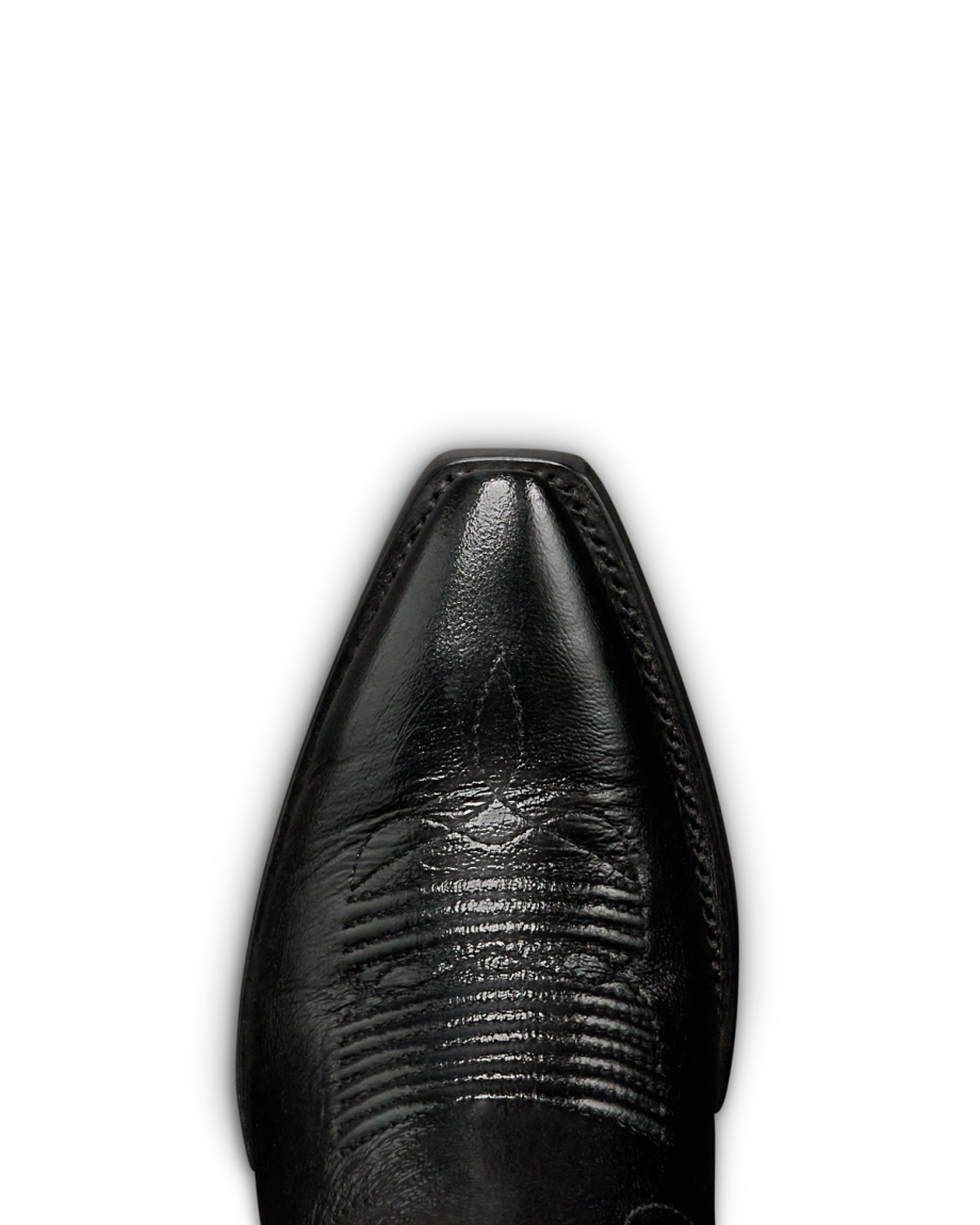 Toe view of The Annie Flame - Midnight / Bone Patent Goat / Python on plain background