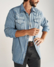 Closeup detail view of Men's Denim Pearl Snap LS - Light Wash