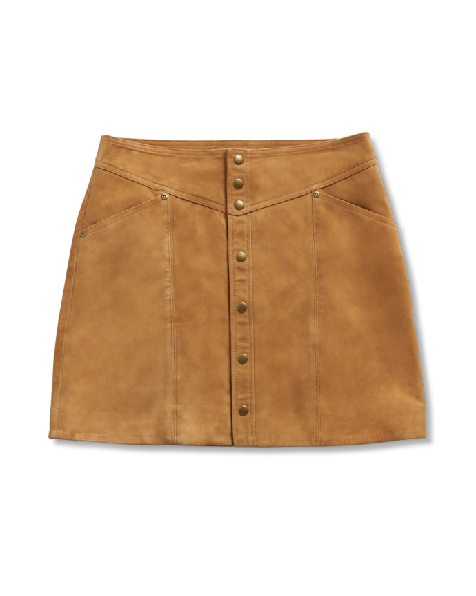 Front view of Women's Mini Suede Skirt - Tan on plain background