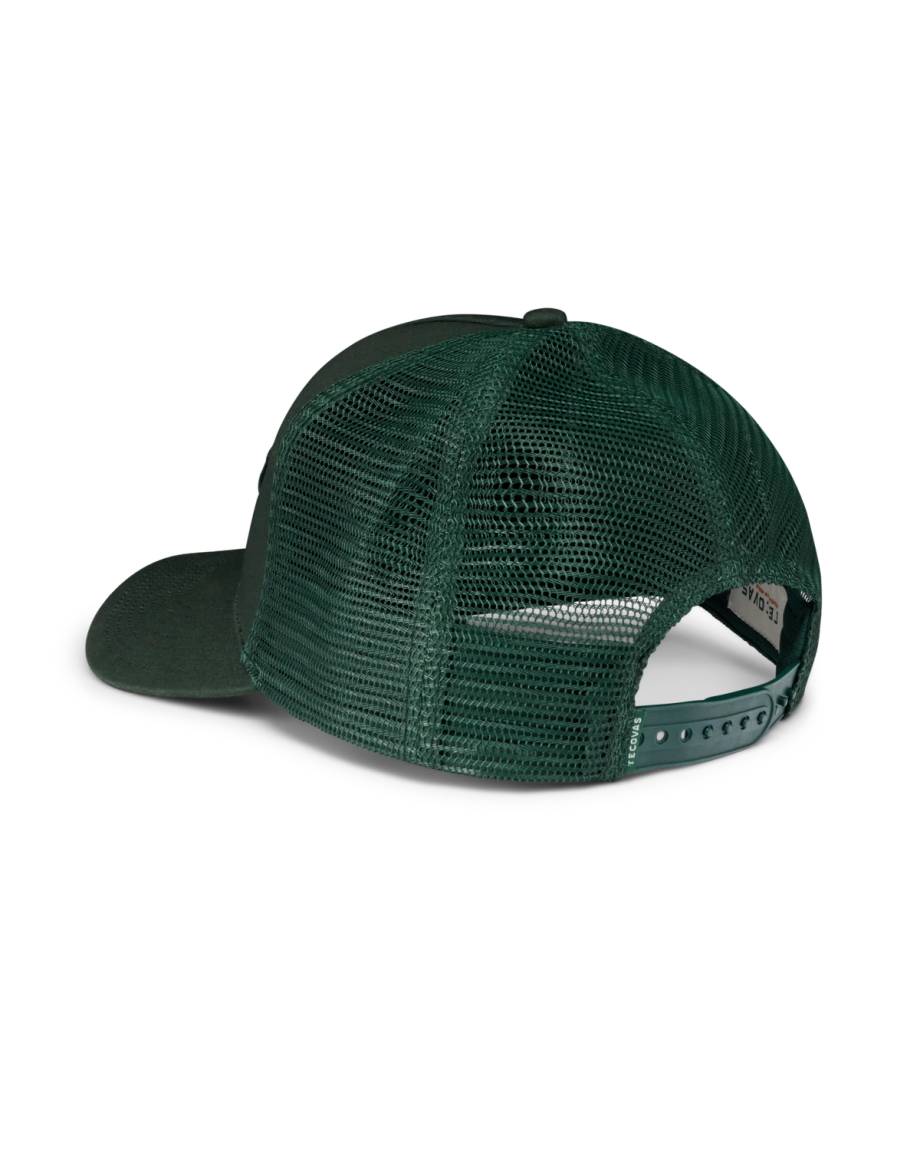 Quarterback view of Tecovas Buckin Bronc 5 Panel High Pro Trucker - Forest Green on plain background