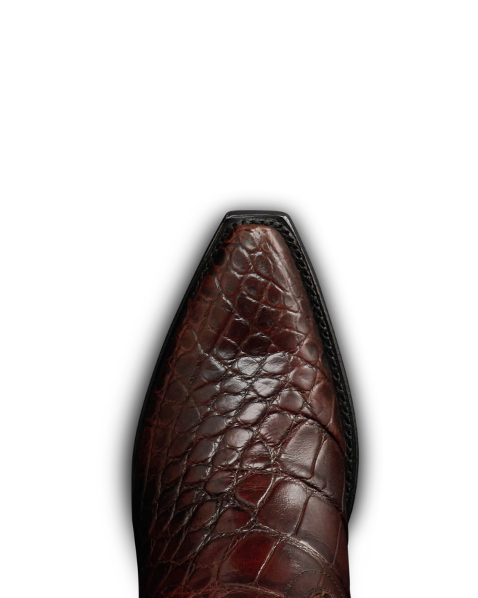 Toe view of Women's Birthday Boot X - Dark Pecan Alligator on plain background