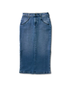 Picture of the Women's Midi Denim Skirt in the color medium laying flat on a white background.