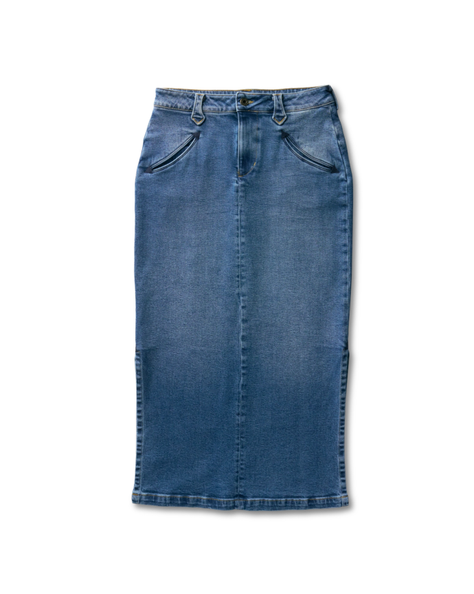 Picture of the Women's Midi Denim Skirt in the color medium laying flat on a white background.