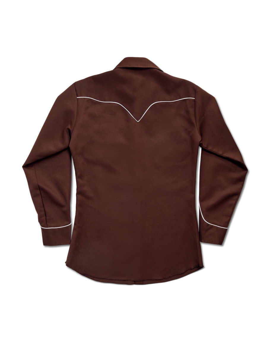 Closeup detail view of Tecovas x Cathy Hahn Men’s Vintage Smile Pocket Pearl Snap - Chocolate / Multi