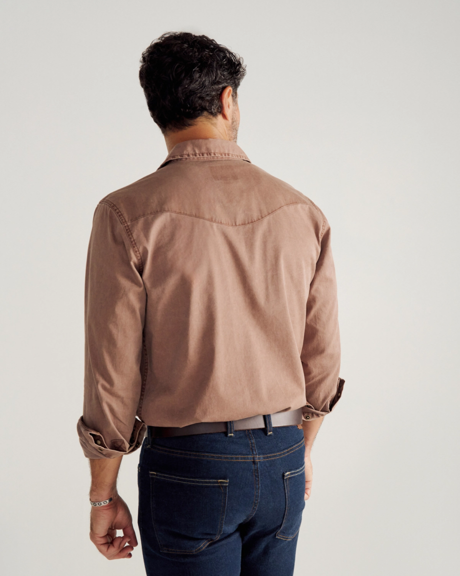 Closeup detail view of Men's Thorn Stopper Pearl Snap LS - Brown