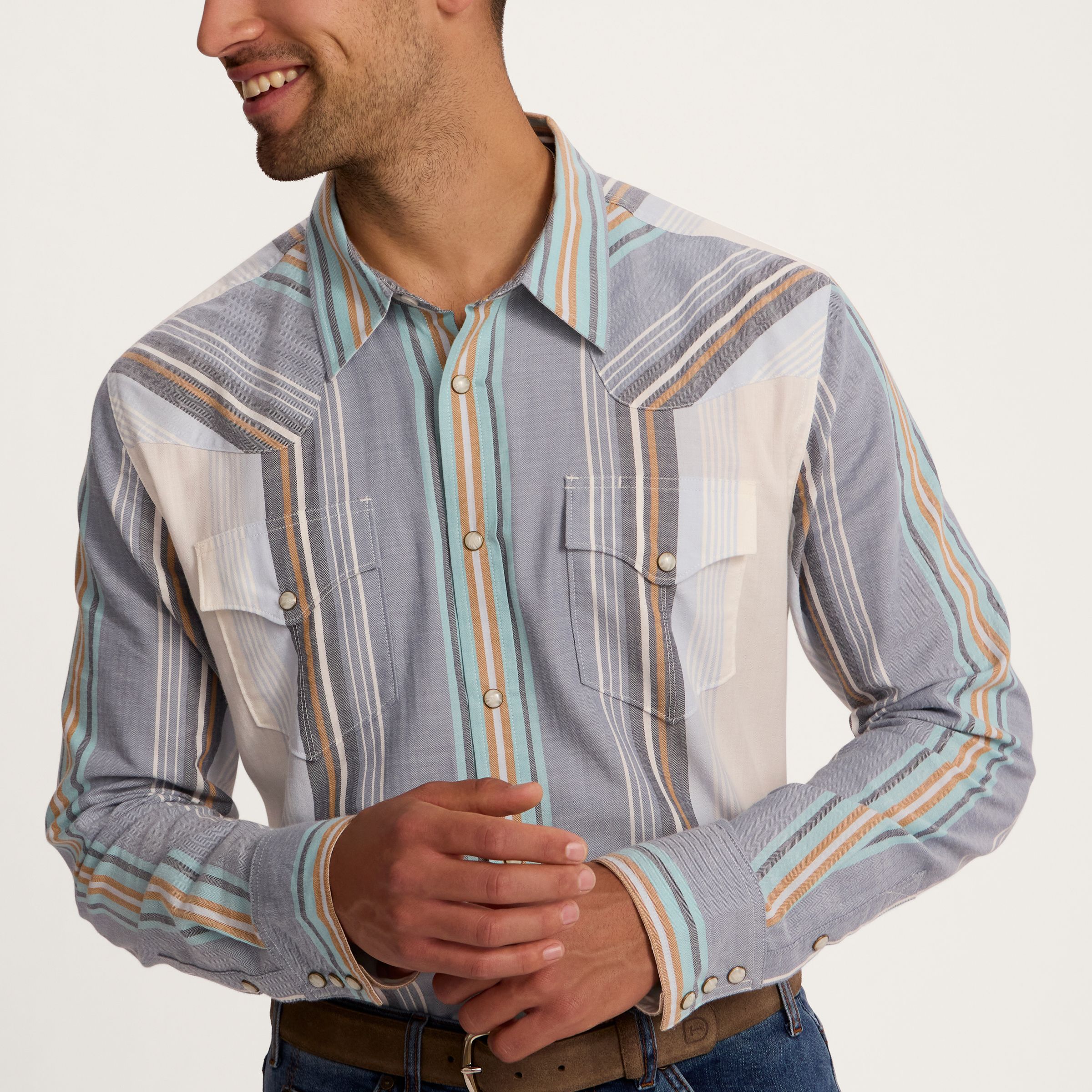 Men's Cotton Pearl Snap - Blue Multi Wide Stripe | Tecovas