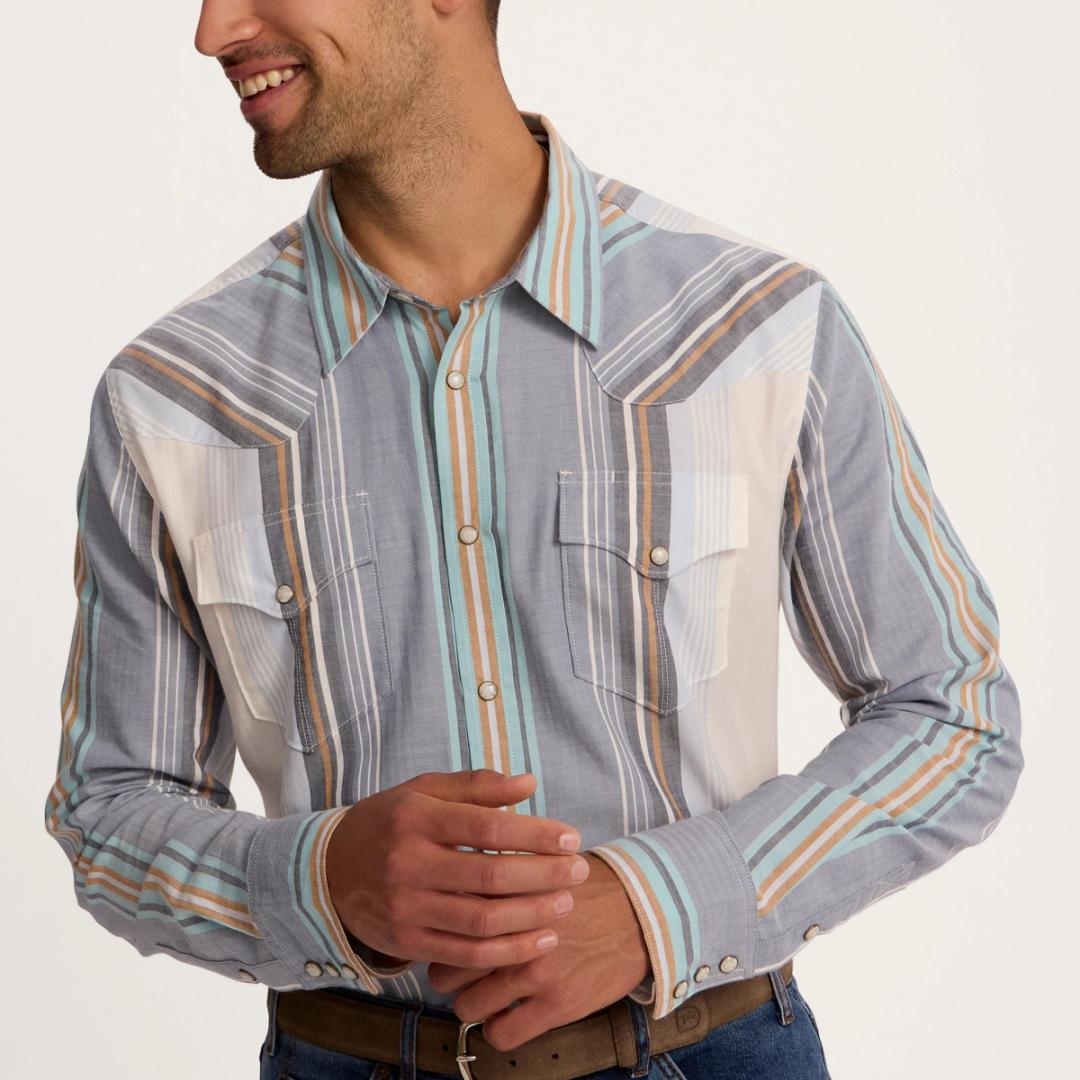 Men's Cotton Pearl Snap - Blue Multi Wide Stripe