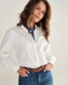 Front view of Women's Lace Peasant Top - White on model