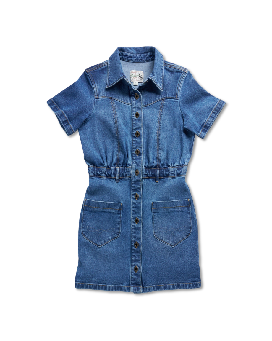 Closeup detail view of Women's S/S Denim Dress - Medium Wash