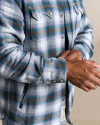 Closeup detail view of Men's Sawtooth Pearl Snap Shacket - Gray/Balsam Plaid