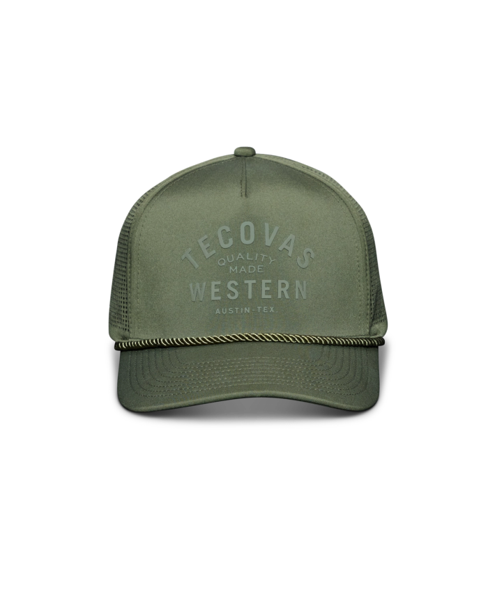 A green Tecovas baseball cap with mesh back, displaying the text "Tecovas Quality Made Western Austin, Tex" on the front.