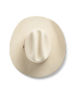 Top view of a wide-brimmed, cream-colored cowboy hat against a black background.