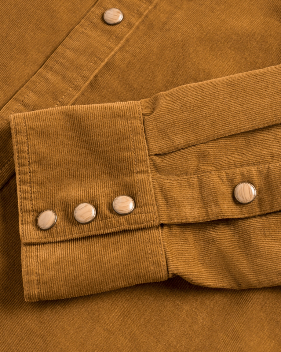 Closeup detail view of Men's Texas Weight Corduroy Pearl Snap - Bronze