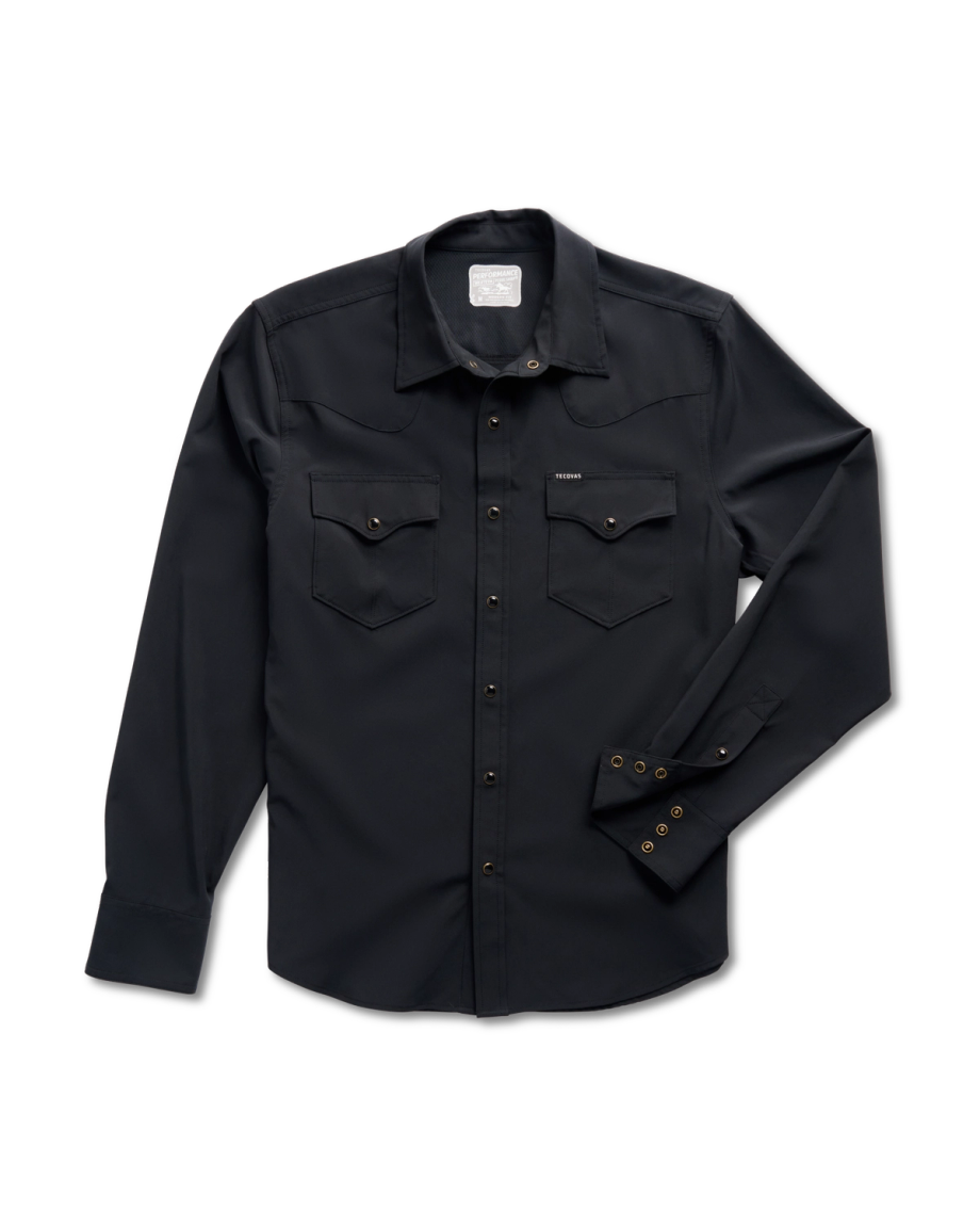 Closeup detail view of Men's Performance Western Pearl Snap LS - Black