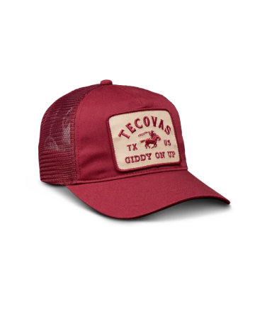 Quarterfront view of Giddy On Up 5 Panel Low Pro Trucker - Burgundy on plain background