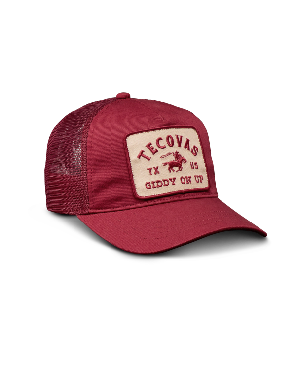 Quarterfront view of Giddy On Up 5 Panel Low Pro Trucker - Burgundy on plain background