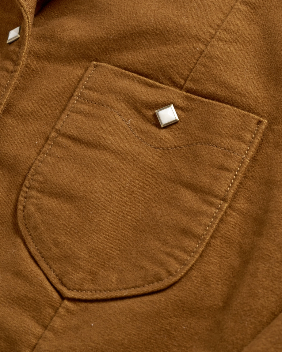Closeup detail view of Women's Moleskin Pearl Snap Jacket - Camel
