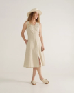 Full view of Women's Eyelet Linen Midi Dress - Green / White on model