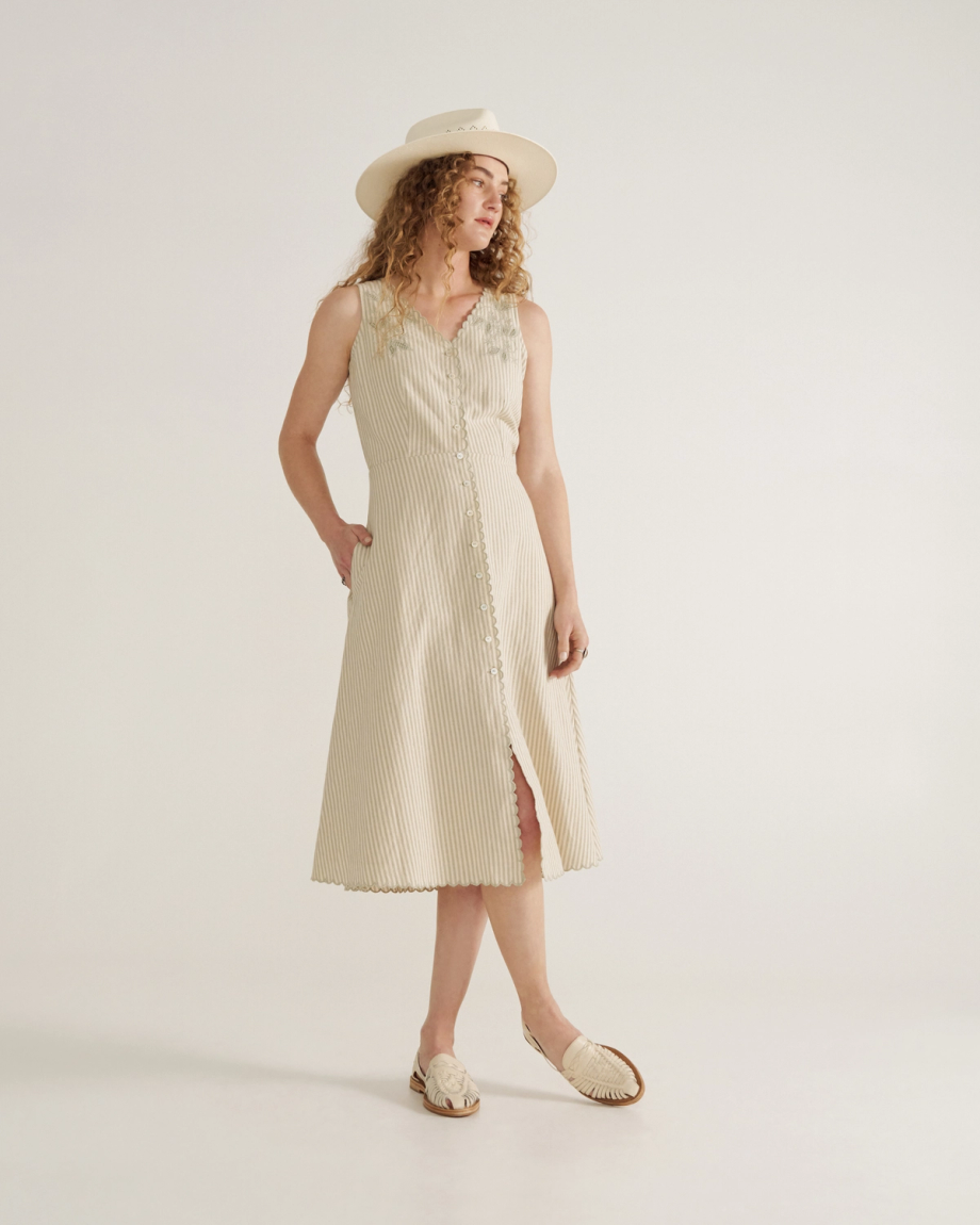 Full view of Women's Eyelet Linen Midi Dress - Green / White on model