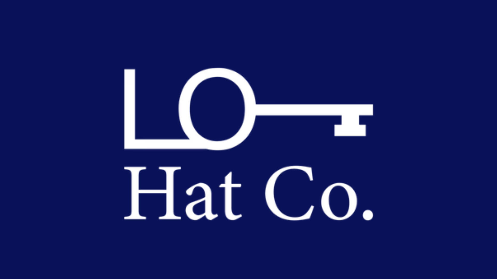 A white key graphic forms the letters "LO" above the text "Hat Co." on a dark blue background.
