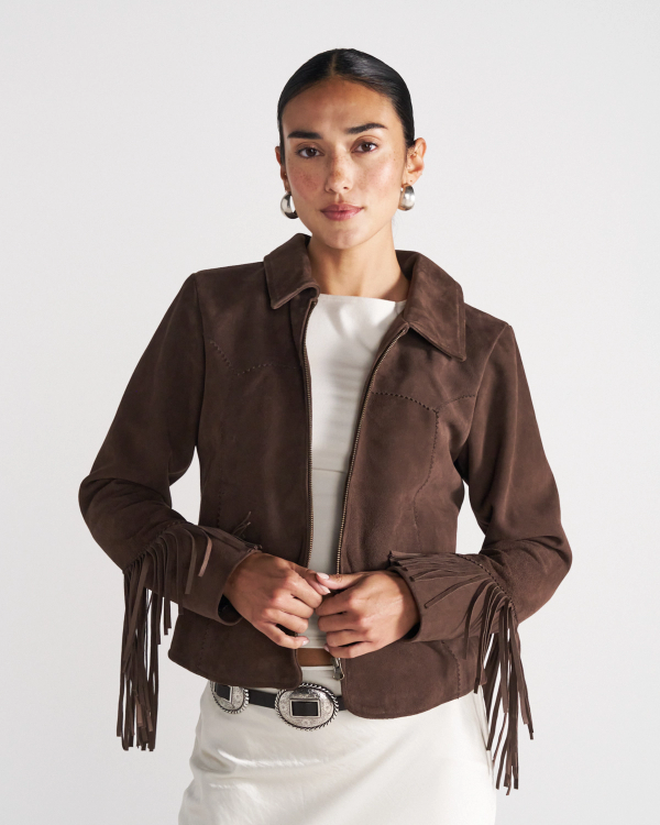 Closeup detail view of Women's Suede Fringe Jacket - Chocolate Brown