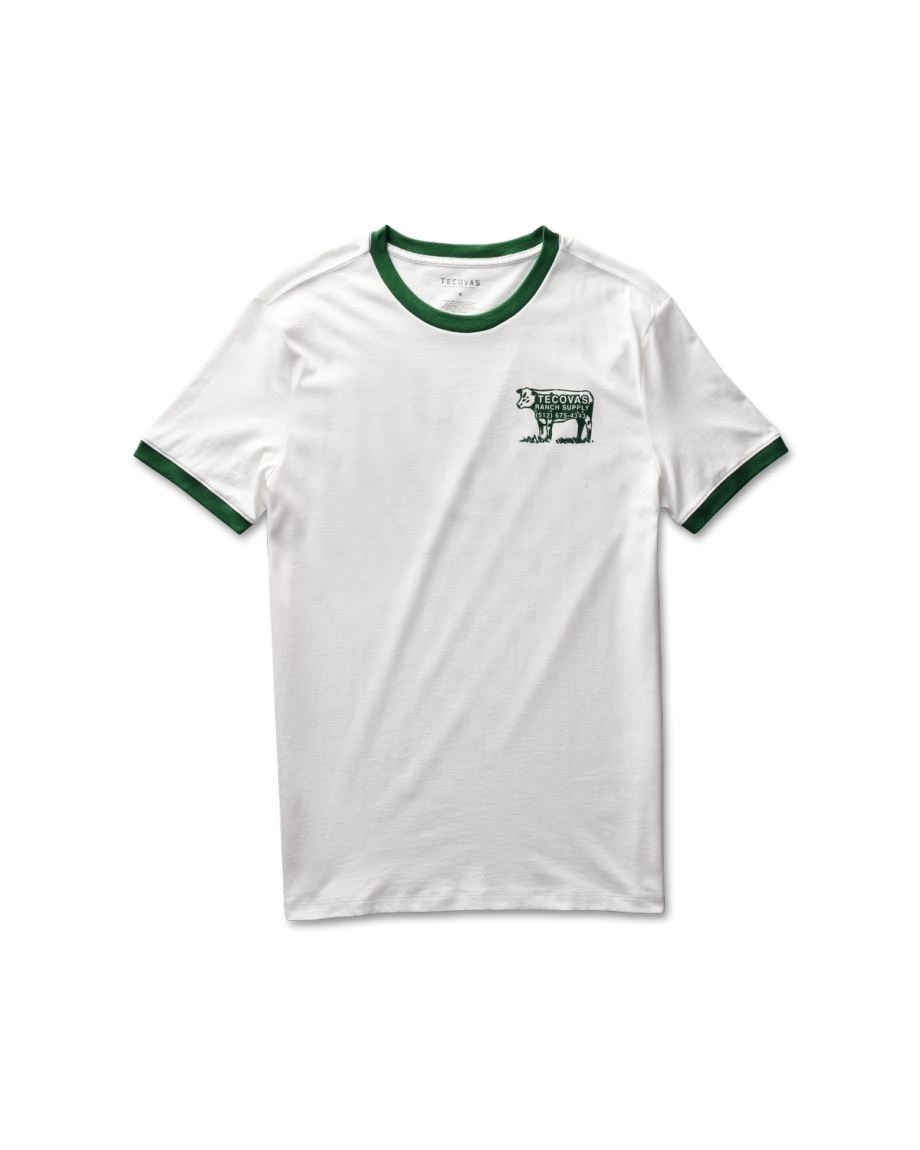 Front view of Men's Tecovas Ranch Supply Ringer Tee - Bone/Green on plain background