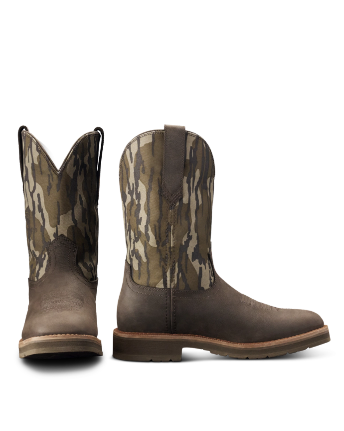 Pair view of Tecovas x Mossy Oak Rugged Square Toe - Umber II Cowhide on plain background