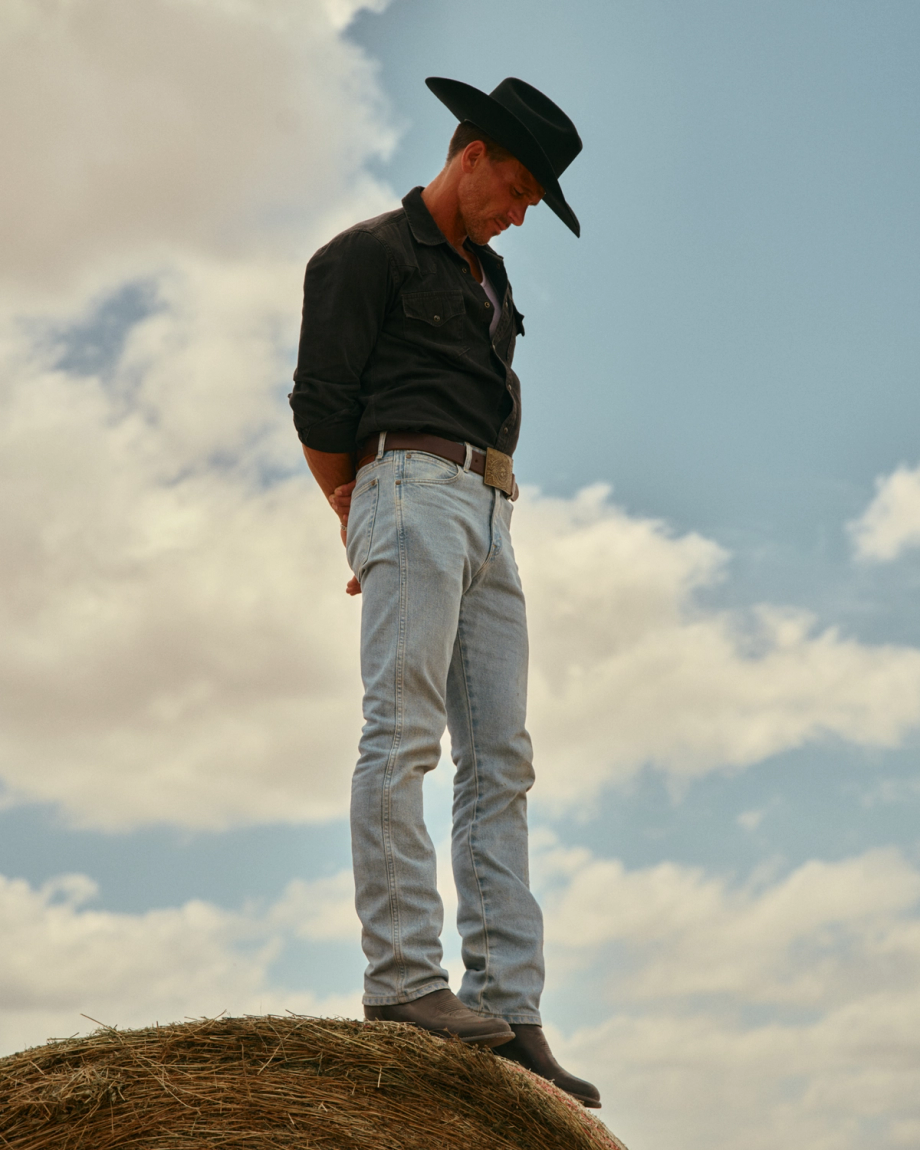 View of Men's Slim Straight Heritage Denim - Light Blue