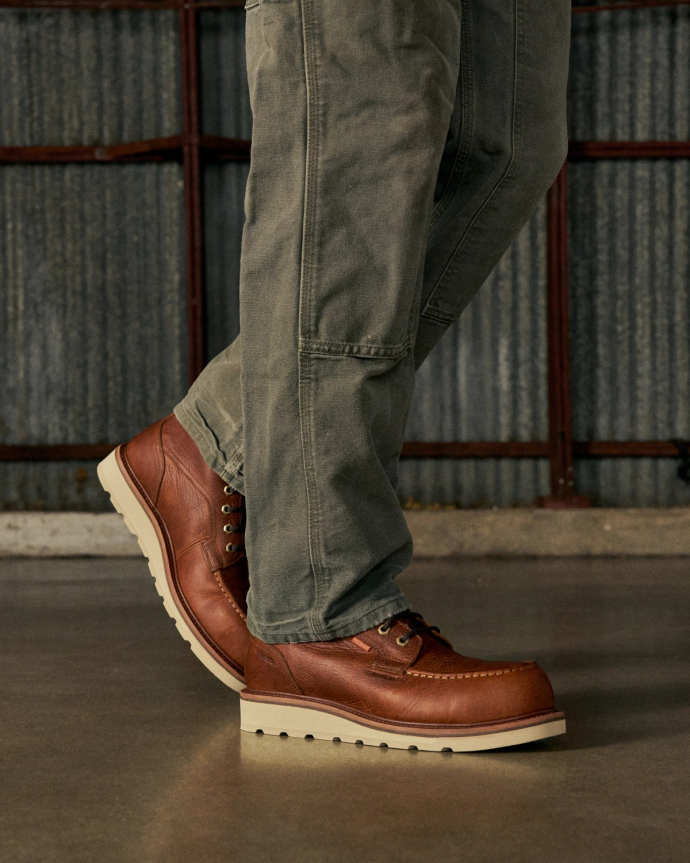 Toe view of The LH WP Moc Comp Toe Work Boot - Saddle Cowhide on plain background