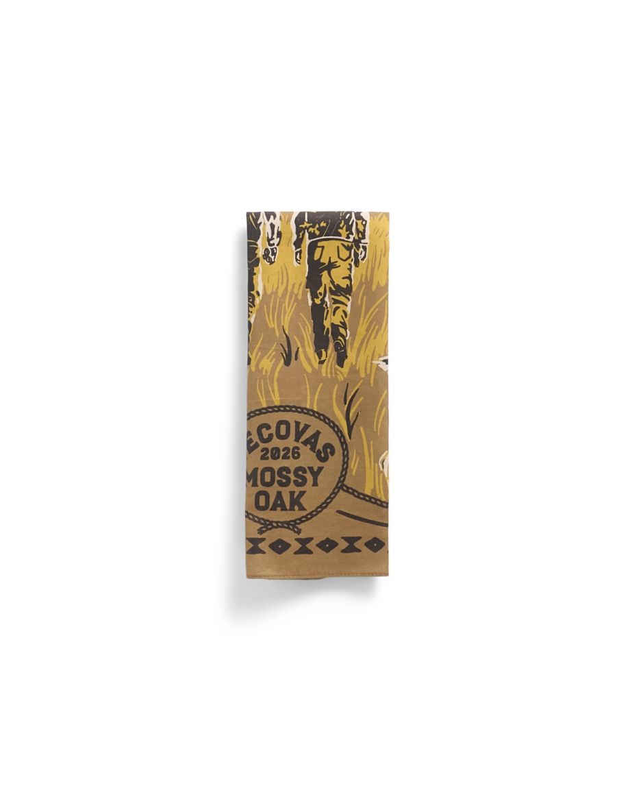 Folded view of Tecovas x Mossy Oak Bandana - Olivewood on plain background