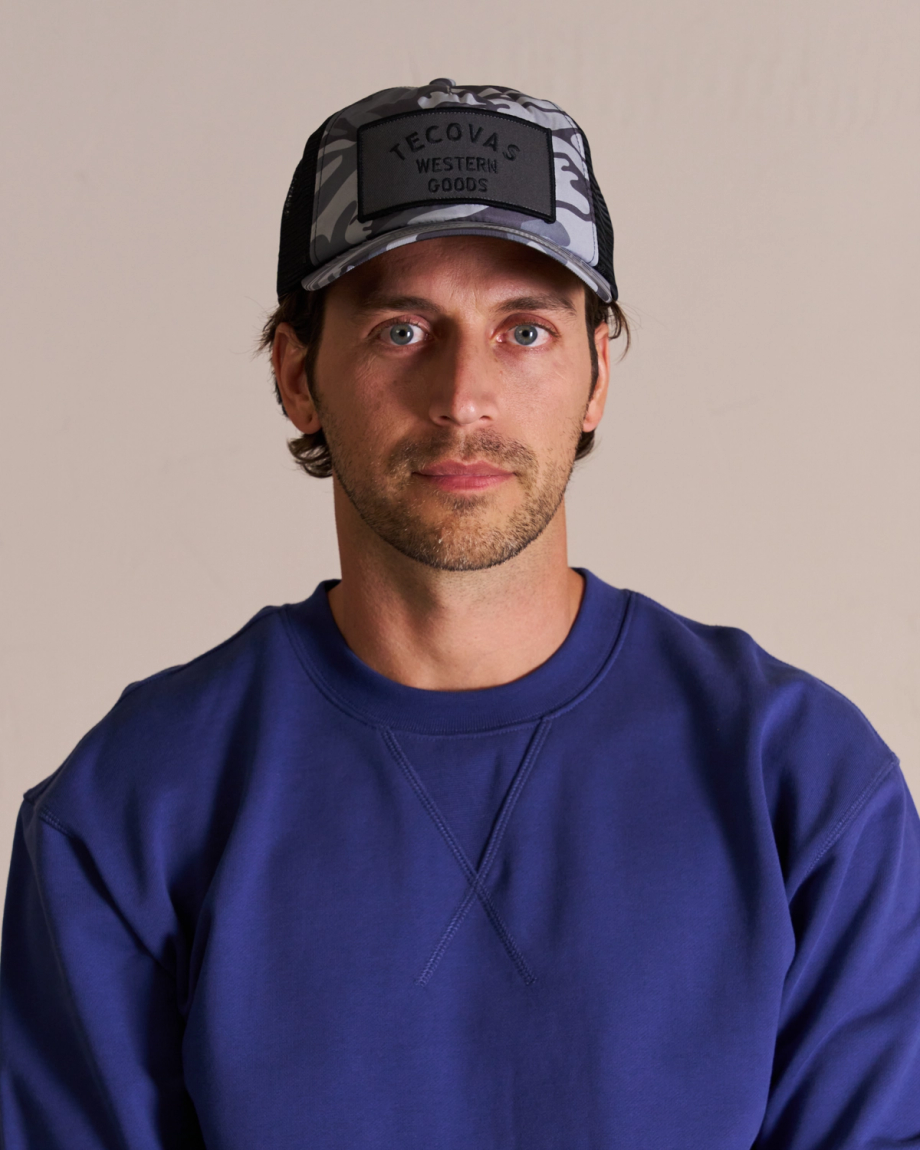 Lifestyle view of Western Goods 5-Panel Low Pro Trucker - Gray Camo