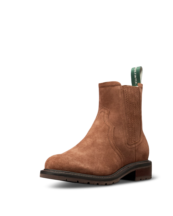Quarterfront view of The Chelsea Shearling - Bourbon Suede on plain background