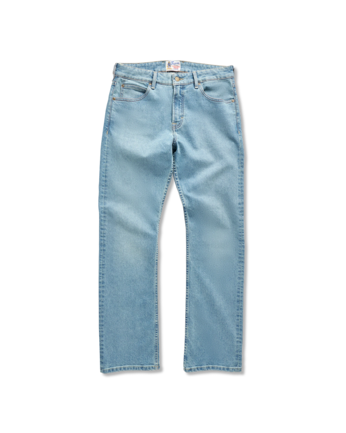 Front view of Men's Slim Straight Stretch Denim - Light Stone Wash on plain background