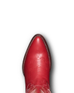 A crimson, pointed-toe cowboy boot, The Abby Wide Calf Cowhide, viewed from above on a plain white background.