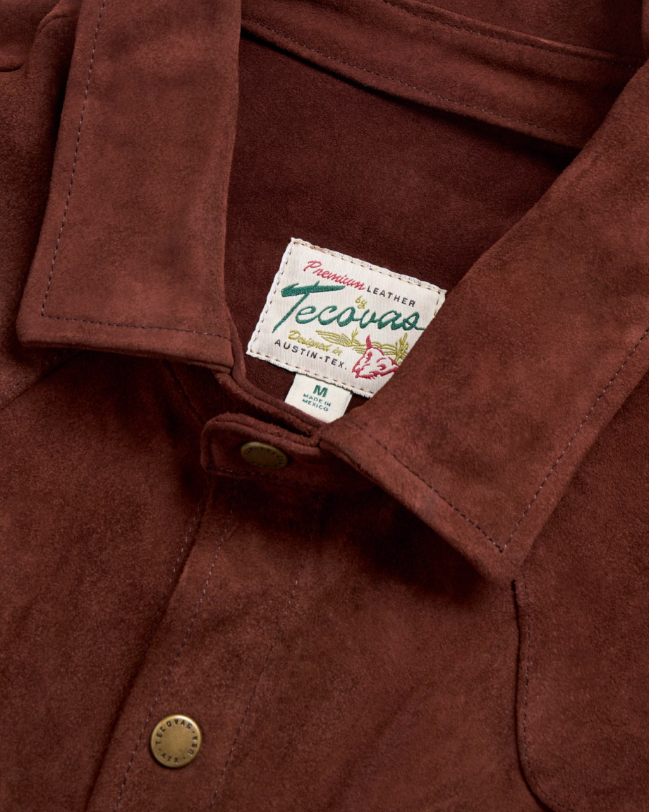 Closeup detail view of Men's Suede Overshirt - Brown
