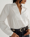 Front view of Women's L/S Embroidered Cotton Popover Top - White on model