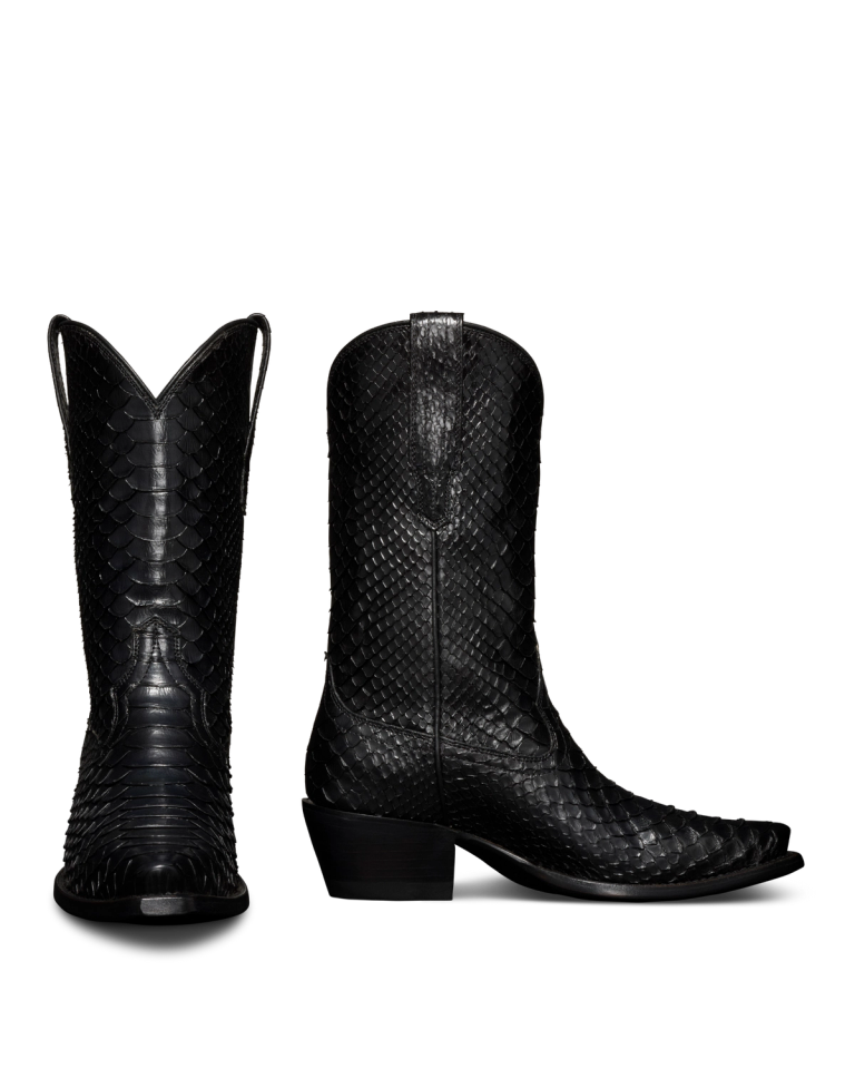Engraved black python leather boots