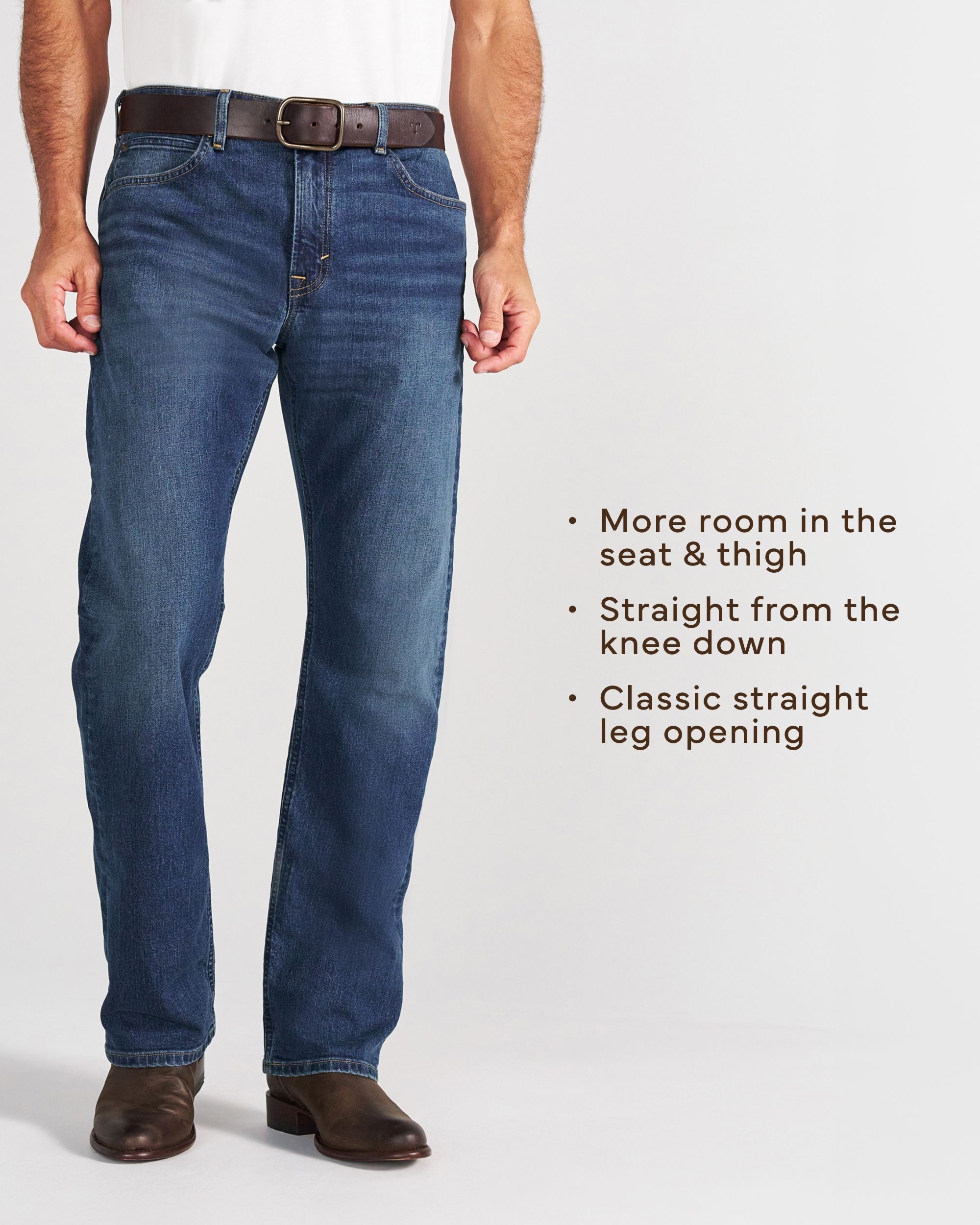 A person wearing a white t-shirt, blue jeans, and brown boots stands against a plain background.