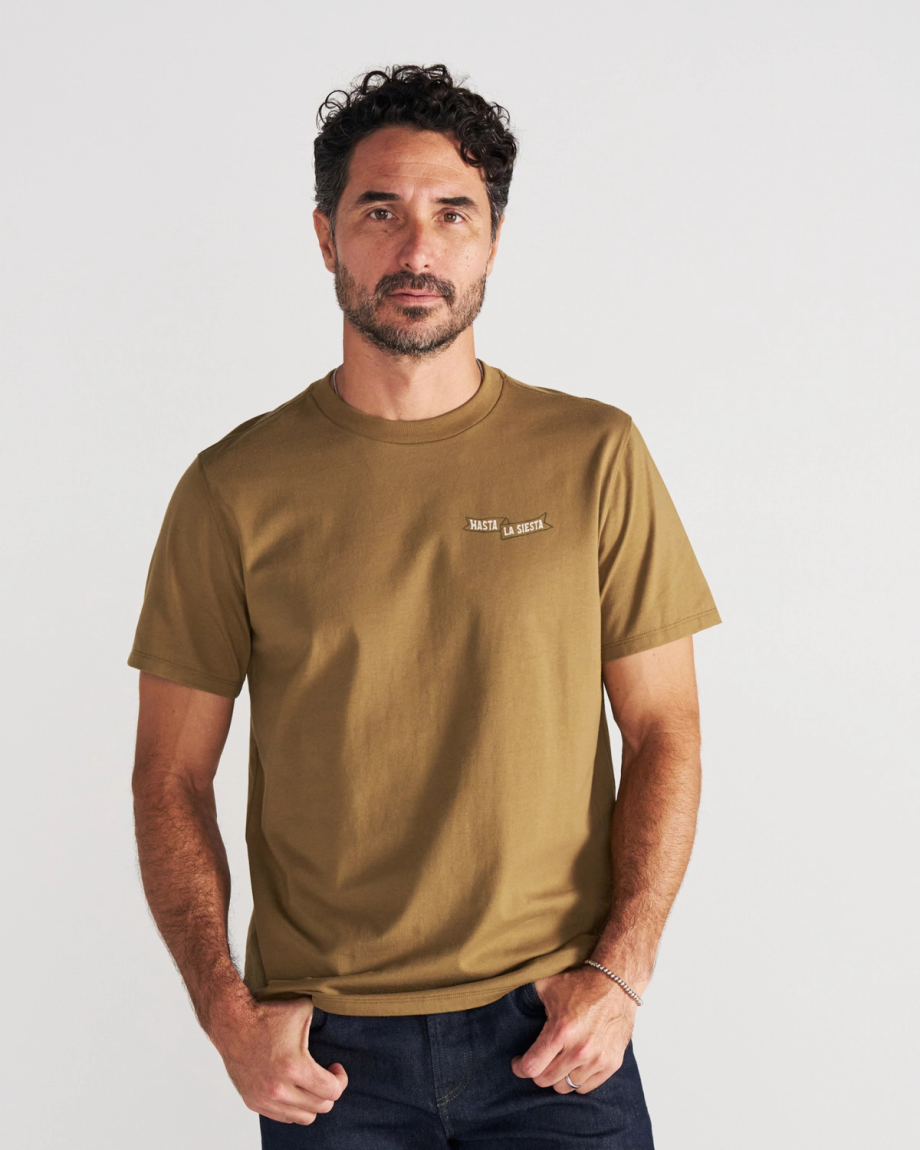 Front view of Men's Hasta La Siesta T-Shirt - Olivewood on model