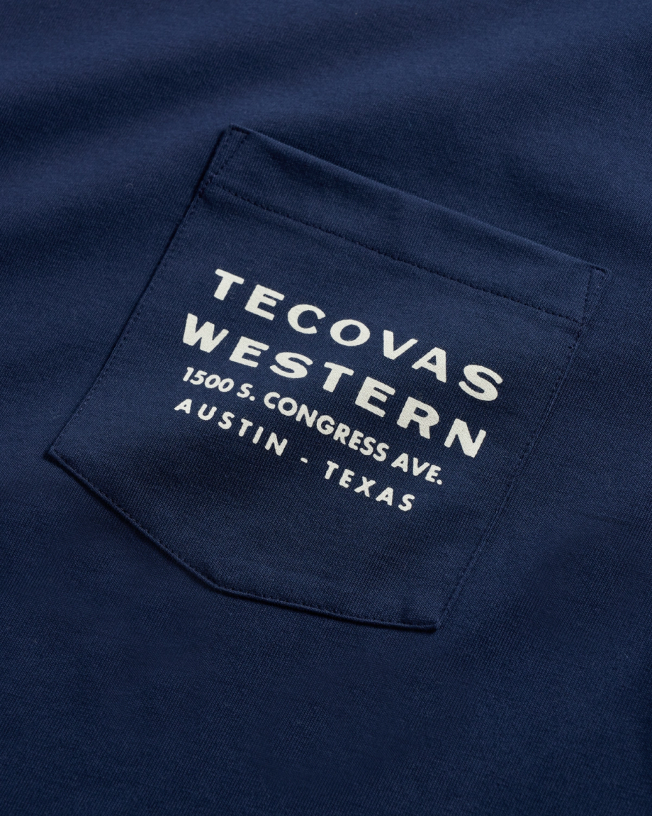 Closeup detail view of Men's Western Horseman Pocket Tee - Navy / White