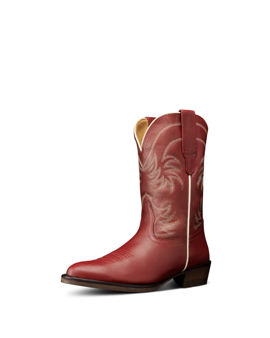 Quarterfront view of The Annie Kid - Scarlet Cowhide on plain background